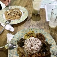 Nasi Campur and Rice Cakes in Peanut Sauce plus two very delicious fresh juices  at Giridhari in Kuta