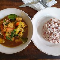 Vegetable curry with brown rice at Giridhari in Kuta