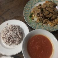 Tomato soup, rice and tahutek  at Giridhari in Kuta