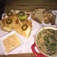Jackfruit quesadilla on the left, garlic mushrooms on the right at The Brook in East London