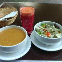 Lentil-soup, fresh pressed juice aka power drink and a small salad with tofu. 12€ at Radieschen  in Berlin