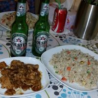 combination rice & chilli lemon grass chicken. non alcohol beer $3, coke $1. at Inala Vegan Restaurant in Inala