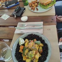 Arroz negro con verduras y Beyond Meat Burger at BuenaVida Vegan in Tenerife