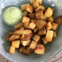 Roast potatoes served with their home-made aioli.  at BuenaVida Vegan in Tenerife
