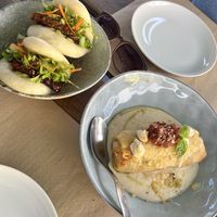 Bao buns for starter and lasagna which was delicious   at BuenaVida Vegan in Tenerife