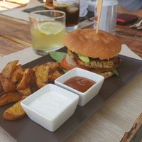 Oriental Burger with baked Potatoes at BuenaVida Vegan in Tenerife