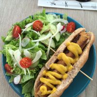 Hotdog and salad. Fennel toppings   at BuenaVida Vegan in Tenerife
