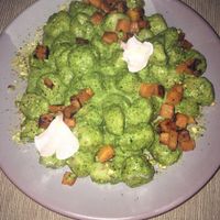Potato gnocchi with pistachio pesto and pumpkin  at BuenaVida Vegan in Tenerife