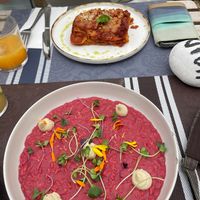 beet risotto and lasagna at BuenaVida Vegan in Tenerife