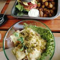pasta and burger! at BuenaVida Vegan in Tenerife