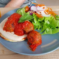 Delicious salty pancake with lentil meatballs at BuenaVida Vegan in Tenerife