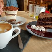Soya coffee, tiramisu and choclate cake at BuenaVida Vegan in Tenerife