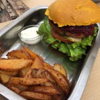 Lentil burger and chips at BuenaVida Vegan in Tenerife