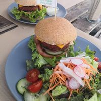 Beyond burger with  salad at BuenaVida Vegan in Tenerife