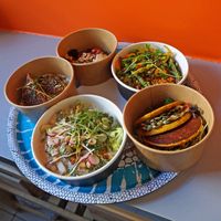 Marinated Tofu + Rice crêpes + Sweet potato purée + Petit épeautre (Einkorn wheat) + Rice pancakes at Le Potager de Charlotte in Paris