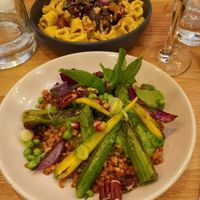 Einkorn with green asparagus & pecan (pasta carbonara in the background) at Le Potager de Charlotte in Paris