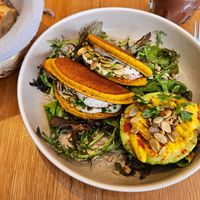 Savory chickpea flour pancakes with cashew cream and "hard boiled egg" style avocado at Le Potager de Charlotte in Paris