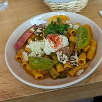 Husband's Rigatoni dish- can't we all agree the sauce makes the meal, tomatoe suace, cashew cream, and pesto 🤤 at Le Potager de Charlotte in Paris
