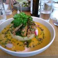 Mashed potatoes with butternut velouté, tofu and vegetables  at Le Potager de Charlotte in Paris