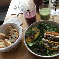 Chickpea pancakes and avocado egg at Le Potager de Charlotte in Paris