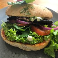 Mushroom burger at Potpourri Vegetarian Cafe in Dunedin