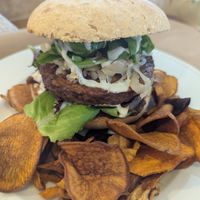 Tempeh burger + chips at BE U in Ericeira