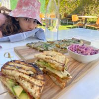 Apple sandwich and potato flatbread at Little Pine in Los Angeles