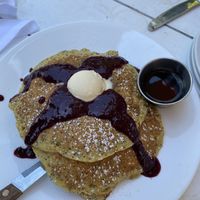 lemon poppyseed pancakes with blueberry compote & maple syrup.  at Little Pine in Los Angeles