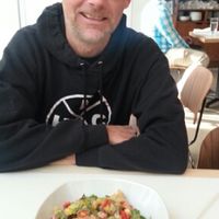 Italian bread sandwich with Moby at Little Pine in Los Angeles