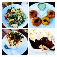 Panzanella salad, broccoli arancini, s'more with ganache, Mac & cheese  at Little Pine in Los Angeles