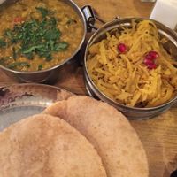 Ginger and rhubarb dahl and Calcutta tangled greens with puri at Mowgli - Bold St in Liverpool