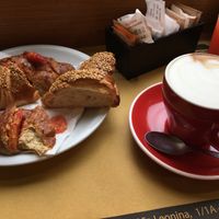 Vegan breakfast: 2 flavors croissant (seeds and orange), orange juice, coffee (cappuccino with soy milk) at La Licata in Rome