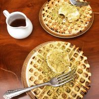 Pistachio waffles w/ maple syrup  at The Kind Cake Co in Hebden Bridge