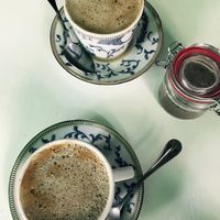 Macha Latte and hot chocolate.   at Narciso Vegano in Mexico City