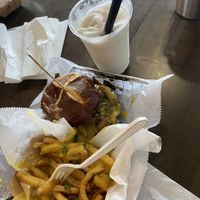 Cheese fry’s, Philly cheesesteak, vanilla milkshake all vegan, entirely delicious!   at Epik Burger in Jacksonville