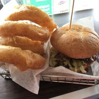 vegan bbq burger and beer battered onion rings at Epik Burger in Jacksonville