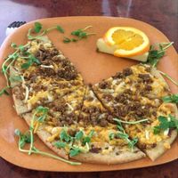 garlic sauce with 'sausage' pizza at Go Vegan Cafe in Las Vegas