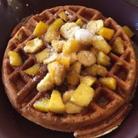 waffle with tropical fruit (mango, pineapple, banana & coconut) at Go Vegan Cafe in Las Vegas