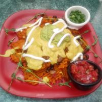 Cheese fries topped with cheese, beans, pico di gallo, guacamole, sour cream, and chives at Go Vegan Cafe in Las Vegas