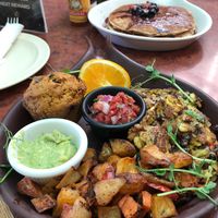 breakfast tofu scramble (pancakes in background) at Go Vegan Cafe in Las Vegas
