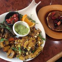 Zero guilt for eating allllll of this, so good! Tofu scramble & pancakes w/ berries  at Go Vegan Cafe in Las Vegas