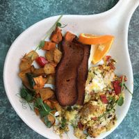 Breakfast sampler (1 of 2): Pesto scrambler, bacon and home fries at Go Vegan Cafe in Las Vegas