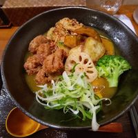 Curry udon with vegetable tempura and tofu nuggets at Mimikou in Kyoto