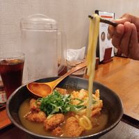 Vegetarian curry udon with soy nuggets and tempura at Mimikou in Kyoto