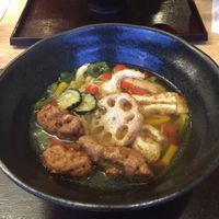 Vegan ramen with soy nuggets  at Mimikou in Kyoto