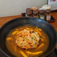 Tofu curry udon noodles with vegetable patty at Mimikou in Kyoto