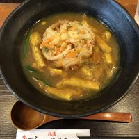 Curry broth, non-sweet tofu strips, added tempura on top at Mimikou in Kyoto