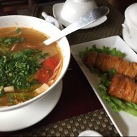 veggie soup and wrapped mushrooms  at San May Vegetarian in Hue