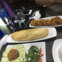 Banana blossom banh mi and crispy flake mushrooms  at San May Vegetarian in Hue