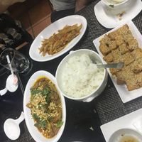 Braised jackfruit, seitan with lemongrass and chilli and sesame tofu - all delicious! at San May Vegetarian in Hue